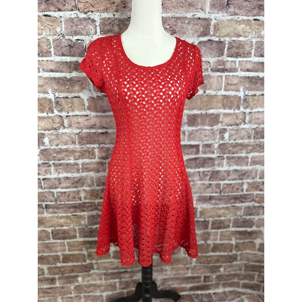 Speckless Red Crochet Lace Mini Dress Short Sleeve Scoop Neck Boho Summer Large